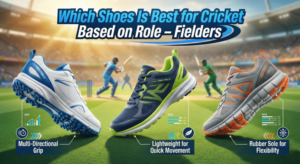 For Fielders
Fielding requires constant movement, diving, and sprinting.
Recommended type: Spiked shoes or half-spike shoes depending on fielding position.
Key features: Grip, flexibility, and stability.