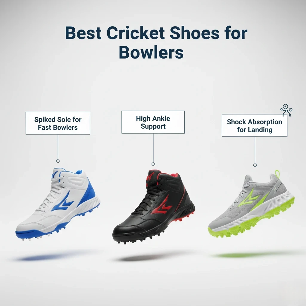 For Bowlers
Fast bowlers put a lot of stress on their feet and ankles, especially during the landing phase.
Recommended type: Full spiked shoes with extra cushioning.
Key features: Strong toe protection, high grip, shock absorption.
Example models: Adidas Adipower Vector, Puma EvoSpeed, New Balance CK4040.