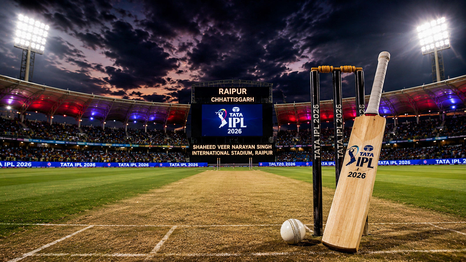 RCB vs KKR Raipur Pitch Report showing Raipur stadium pitch conditions, weather, average score and match analysis